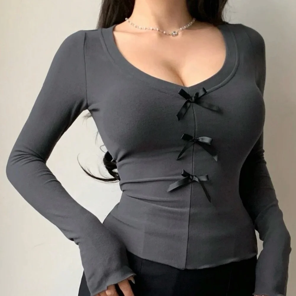 Women's Gray Long Sleeve Top with Bow Accents - Picture 1 of 5